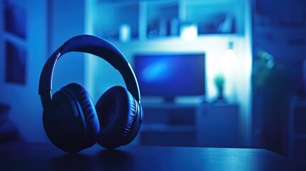 Over-ear headphones rest on a table in a dimly lit room.
