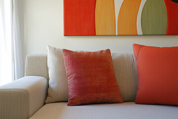 Cozy living room scene featuring a modern sofa with vibrant pillows and abstract wall art in the background