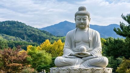 Tranquil Stone Buddha Statue Amidst Lush Mountainous Landscape in Serene Nature Setting : Generative AI