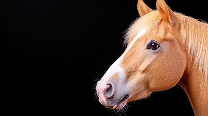 Fototapeta premium Palomino horse portrait, studio shot, black background, equine photography for equestrian websites