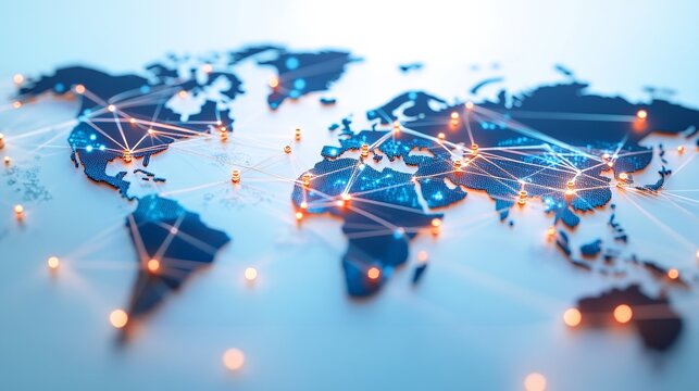 Global business network with glowing nodes and lines, symbolizing modern corporate connectivity and innovation.