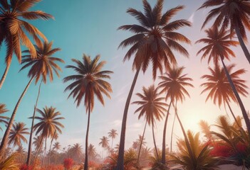 Abstract artistic interpretation of palm trees swaying in the wind with abstract shapes and bright colors, color, palm