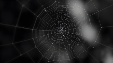 Fototapeta premium A delicate spiderweb stretches across a dark background, its intricate pattern of silk threads radiating from a central point.
