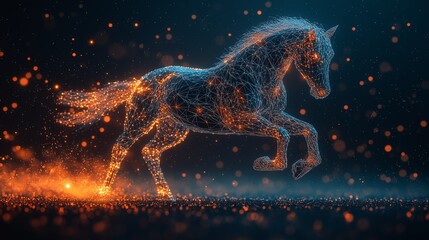 Glowing Orange and Blue Digital Wireframe Horse in Dynamic Motion