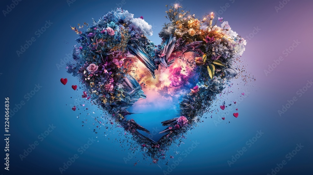 Poster torn heart design with blue gradient background featuring flowers and colorful elements