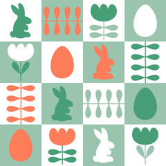 Traditional Easter pattern with rabbits, eggs and tulip flowers in geometric style. Perfect print for poster, card, banner, tablecloth. Great design for any project.