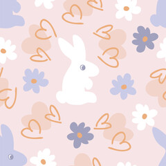 Summer seamless pattern with bunnies and daisy flowers. Aesthetic print for fabric, paper, textile. Doodle vector illustration.