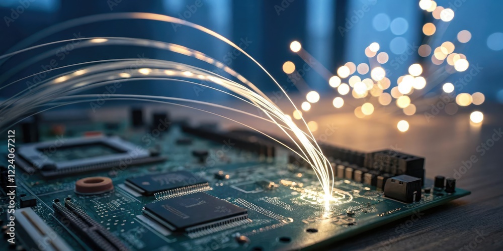 Poster abstract circuit board with glowing light trails and bokeh, circuit board patterns, glowing light tr