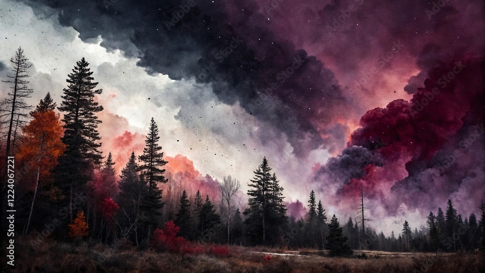 Poster a painting of a forest with a storm in the background