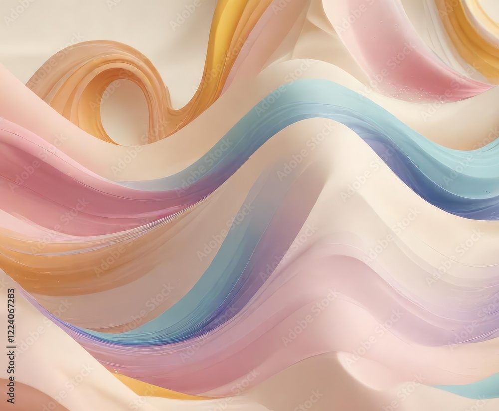 Poster abstract colorful wave pattern with swirling shapes and soft colors on a cream white background, sof