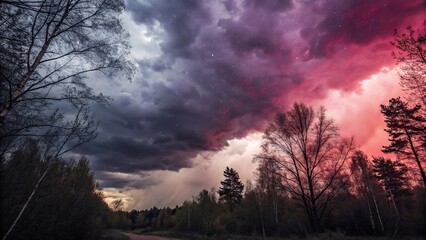 A stormy sky with a pink and purple hue