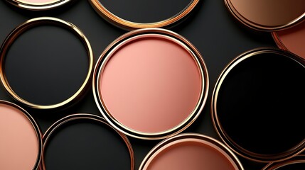 Fototapeta premium Luxurious Geometric Backgrounds in Gold, Rose Gold, and Black Frames: Abstract 3D Circle Backdrops for Cosmetic Products with Ample Copy Space and Top View Perspective