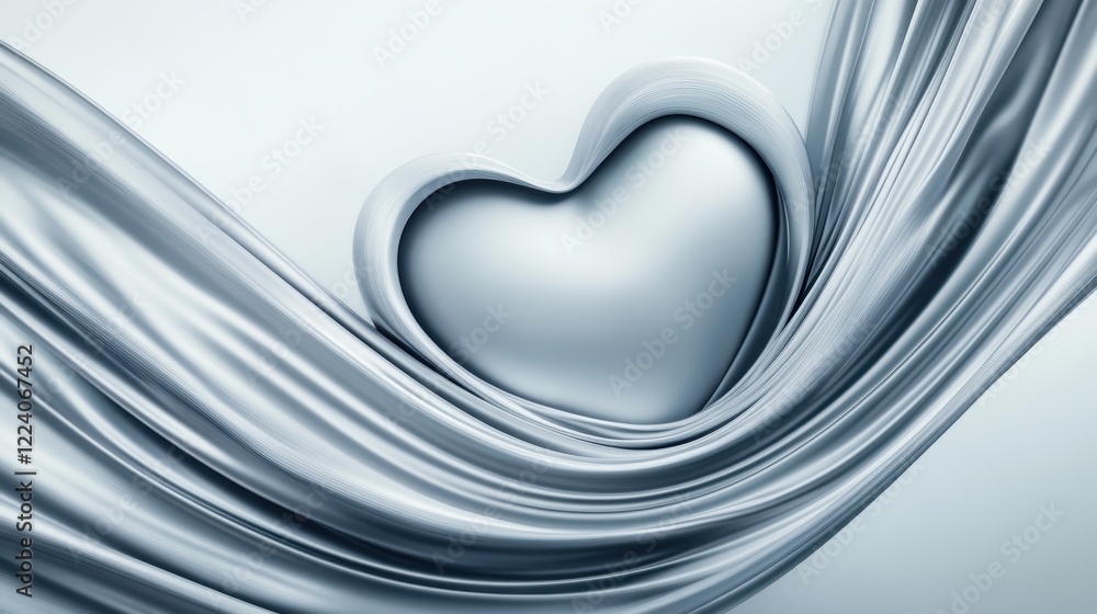 Poster a smooth, silver fabric forms a heart shape, creating a serene and elegant visual that symbolizes lo
