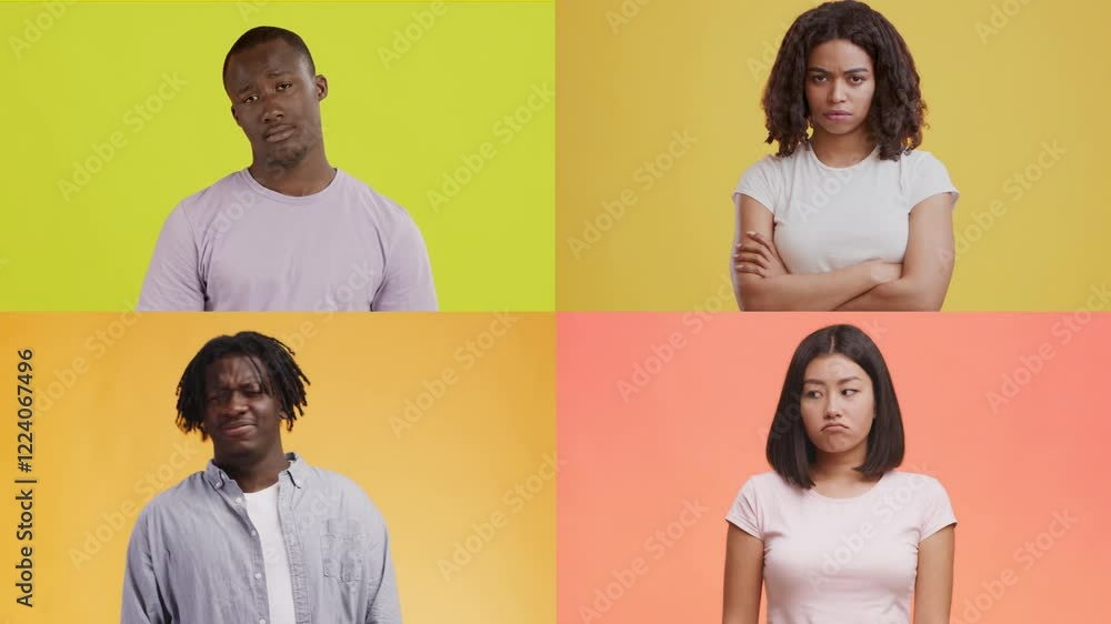 Poster A collection of individuals from different backgrounds showcasing a range of emotions against vibrant backgrounds. Each person displays unique gestures, highlighting diversity in expressions.
