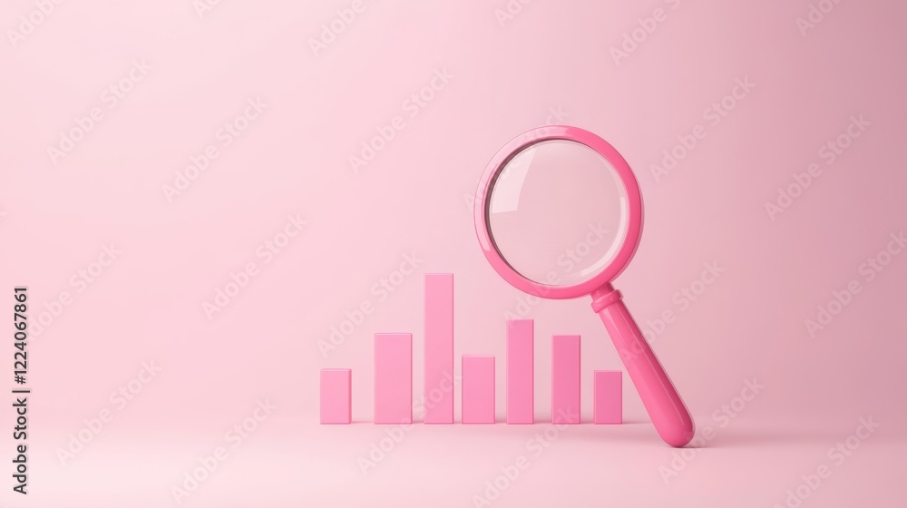 Poster a pink magnifying glass focuses on bar graphs, symbolizing analysis and data insights against a soft