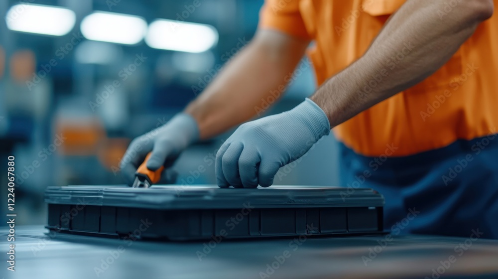 Poster a worker in an orange shirt and gloves uses a tool to manipulate a black object on a table in an ind