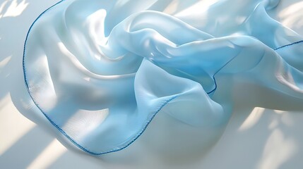 Fototapeta premium Soft light blue silk scarf draped on white surface, showcasing its texture and delicate blue trim.