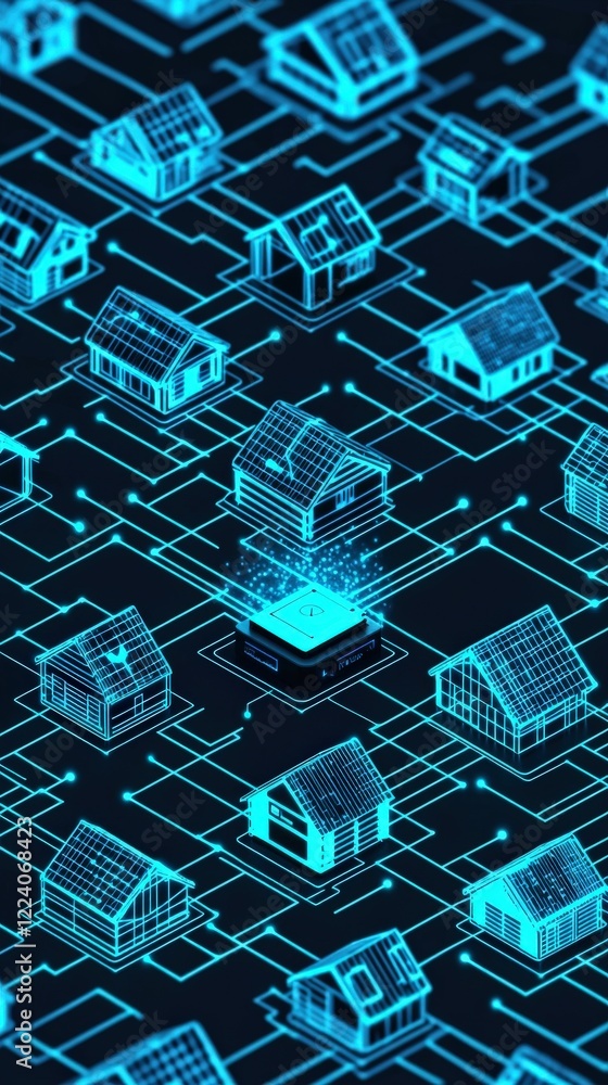 Poster futuristic digital connectivity concept with houses and circuit patterns representing smart home tec