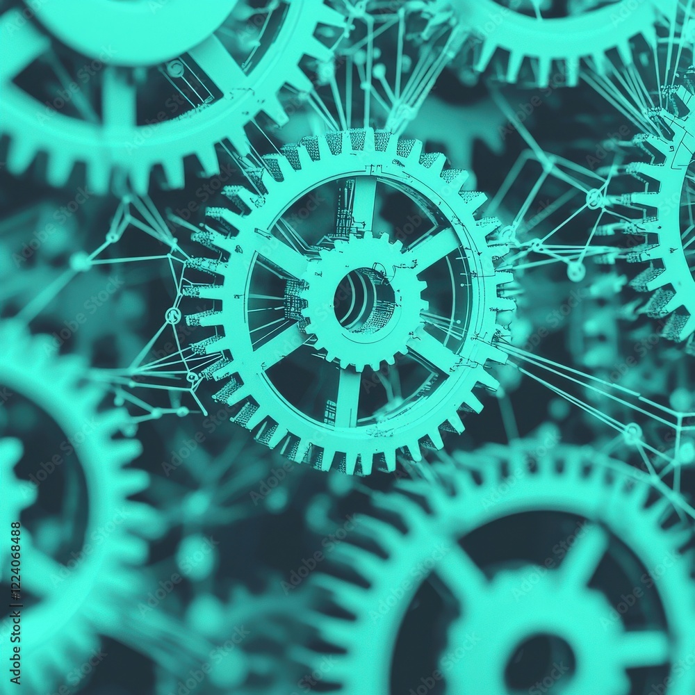 Aufkleber abstract background of interconnected gears and mechanical parts in turquoise and black color scheme