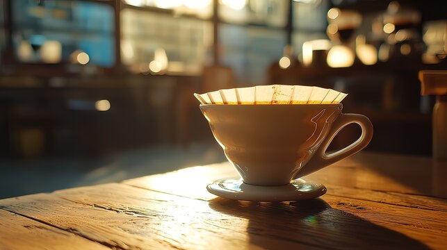 Sunlit pour-over coffee in a ceramic dripper on a rustic wooden table.