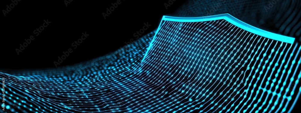 Poster abstract blue digital wave pattern with glowing lines and dots in a black background for technology 