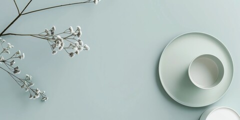 Fototapeta premium A minimalist aesthetic featuring a light mint grey backdrop, Minimalist design elements arranged symmetrically, Modern minimalist style