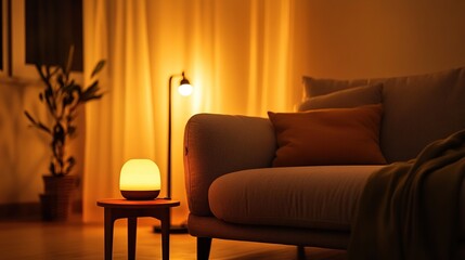 Cozy Grey Sofa and Glowing Lamp: Creating a Warm and Inviting Atmosphere in the Living Room Interior