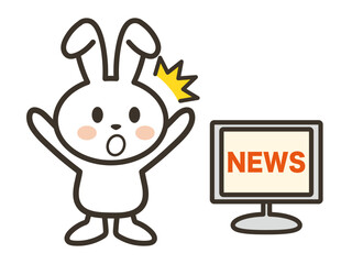 テレビのニュースを見てびっくりするかわいい白いうさぎさんのイラスト
