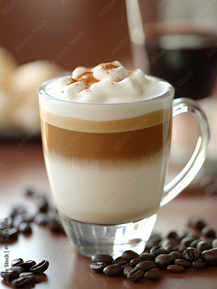 Poster luxurious cappuccino with cinnamon foam and coffee beans on elegant table setting : generative ai