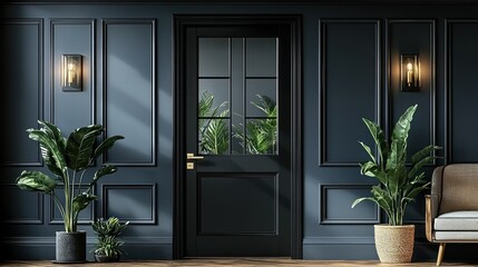 Elegant Interior Design: Dark Blue Walls, Black Door, and Lush Greenery