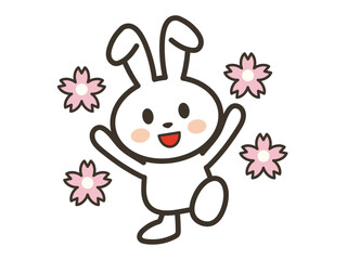 大喜びするかわいい白いうさぎさんと桜の花びらのイラスト