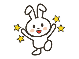 大喜びするかわいい白いうさぎさんと星のイラスト