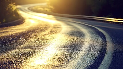 Winding asphalt road curving through a sunlit landscape.