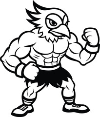 Strong angry cartoon eagle or chicken gym vector illustration, Strong angry cartoon eagle or chicken silhouette, Strong angry cartoon eagle or chicken line art vector