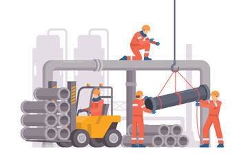 Oil and Gas Industry Workers Maintaining and Repairing Pipelines. Fully Editable Elements, Easy to Customize