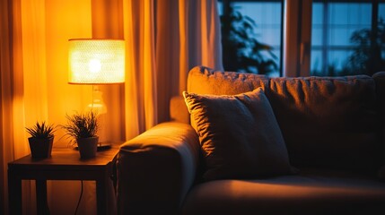 Cozy Grey Sofa and Glowing Lamp: Creating a Warm and Inviting Atmosphere in the Living Room Interior