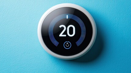 Modern Digital Thermostat Displaying Temperature in a Stylish Home Environment with Blue Background