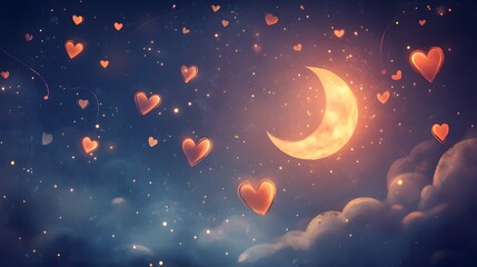 Fototapeta premium Dreamy night sky with glowing crescent moon, soft clouds, sparkling stars, whimsical hearts floating, perfect for romantic themes.