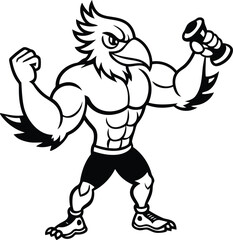 Strong angry cartoon eagle or chicken weightlifting vector illustration, Strong angry cartoon eagle or chicken silhouette, Strong angry cartoon eagle or chicken line art vector