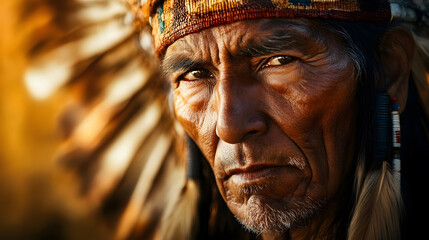 Portrait of Elderly Man with Weathered Face Wearing Traditional Headwear in Golden Light : Generative AI