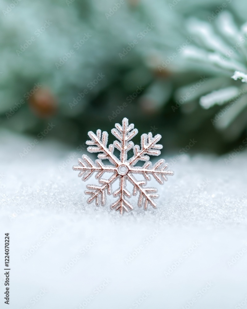 Poster detailed and elegant snowflake ornament on soft snow with green pine background in winter setting