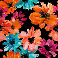 Cute  black background, orange, pink, and teal flowers, watercolor seamless pattern. Watercolor print in rustic vintage style, textile or wallpapers.