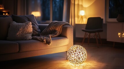 Cozy Grey Sofa and Glowing Lamp: Creating a Warm and Inviting Atmosphere in the Living Room Interior