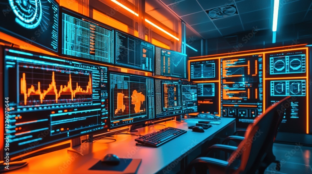 Poster high-tech control room with multiple monitors and data visualizations in neon blue and orange lighti