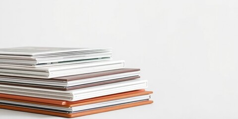 A stack of stacked photo albums with a minimalist design and neutral colors, home office, wooden cover