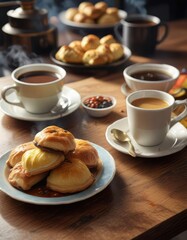 A steaming hot plate of Colombian pastries with a side of sweet coffee or tea , tea, hojaldre