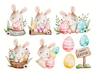 Obraz premium Watercolor Illustration Set of Easter Rabbit and Eggs