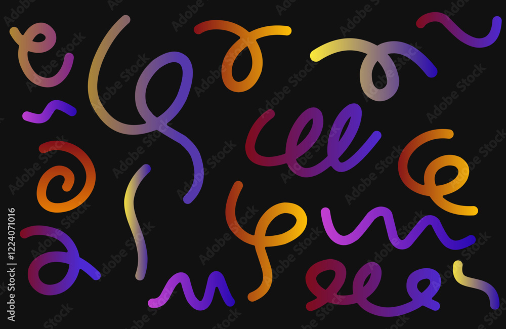 Poster set of abstract gradient color handwritten spiral line doodles. gradient abstract shape.