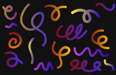 Set of abstract gradient color handwritten spiral line doodles. Gradient abstract shape.