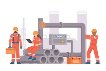 Oil and Gas Industry Workers Maintaining and Repairing Pipelines. Fully Editable Elements, Easy to Customize
